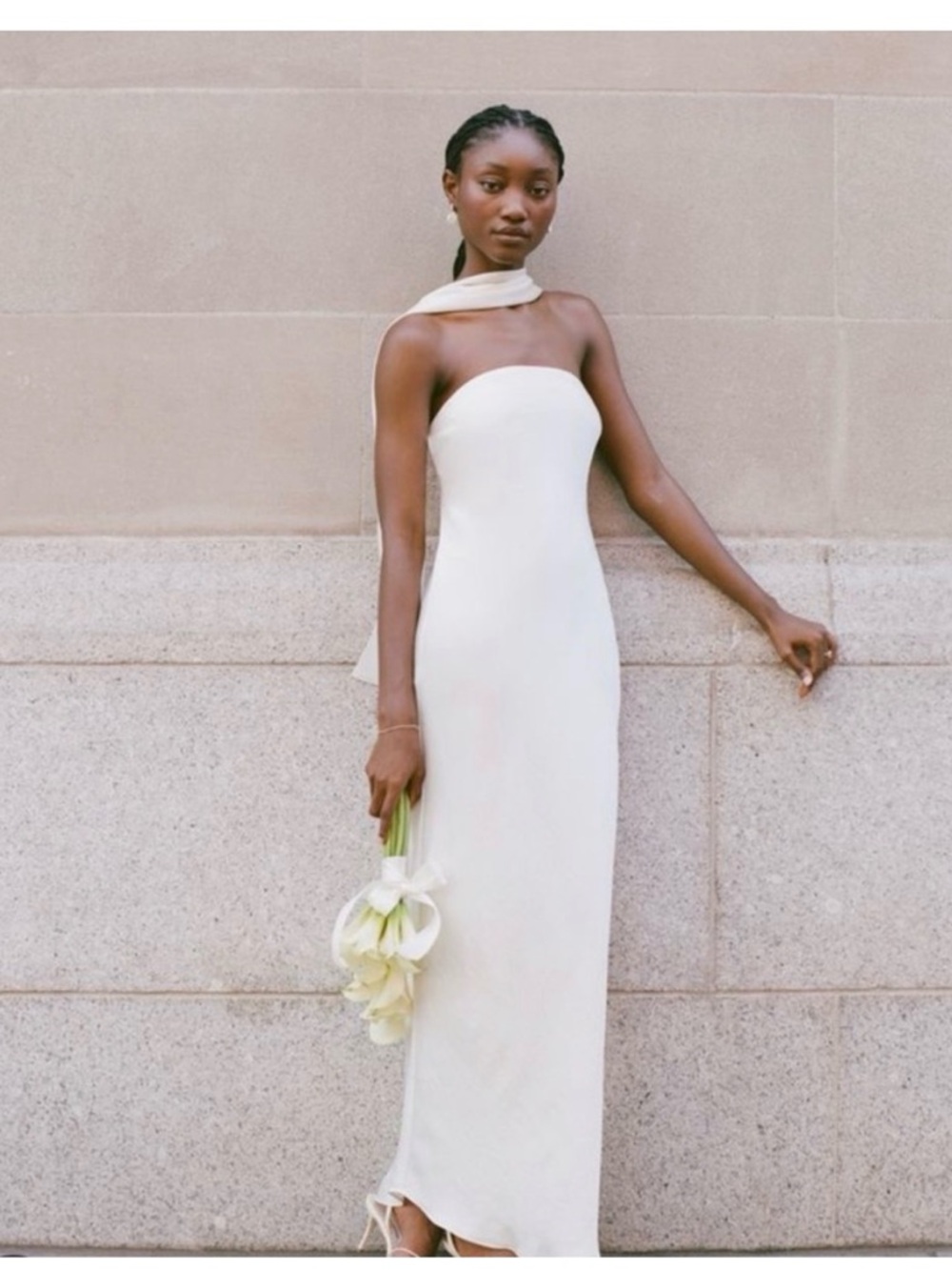 Strapless White Column Evening Dress
